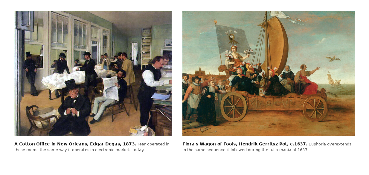 A Cotton Office in New Orleans by Edgar Degas, 1873 and Flora's Wagon of Fools by Hendrik Gerritsz Pot, c.1637